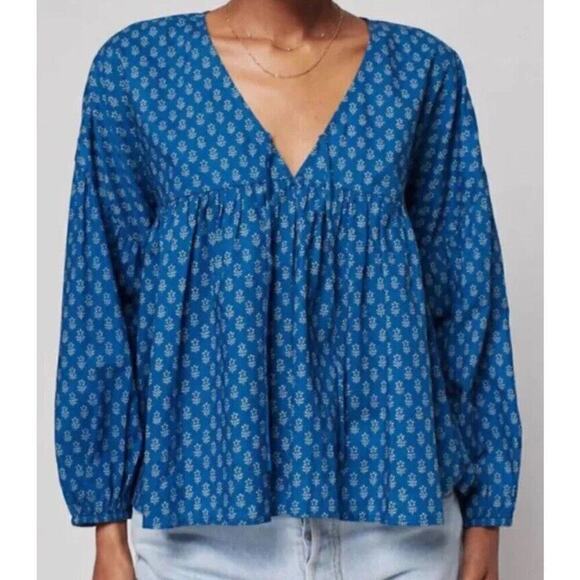 Faherty Lyla Top Women Small Indigo Gobi Floral Boho Prairie Organic Cotton NWT - Picture 1 of 9